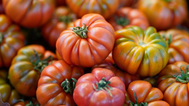 A close-up view of fresh ribbed heirloom tomatoes in varying shades of red, orange, and green.