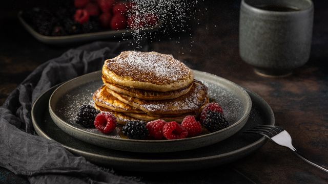 A stack of thick pancakes dusted with icing sugar and served with raspberries and blackberries on a dark plate.